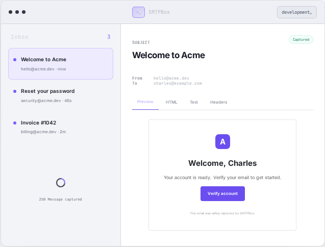 Illustrated SMTPBox inbox showing a captured welcome email with HTML, text and header tabs